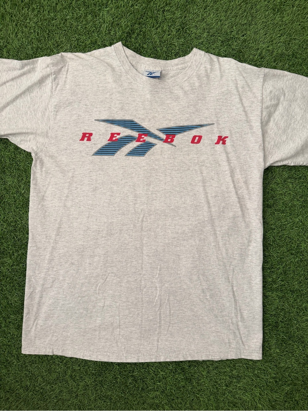 Vintage Reebok Light Gray Tee with Blue and Red Logo Size Large